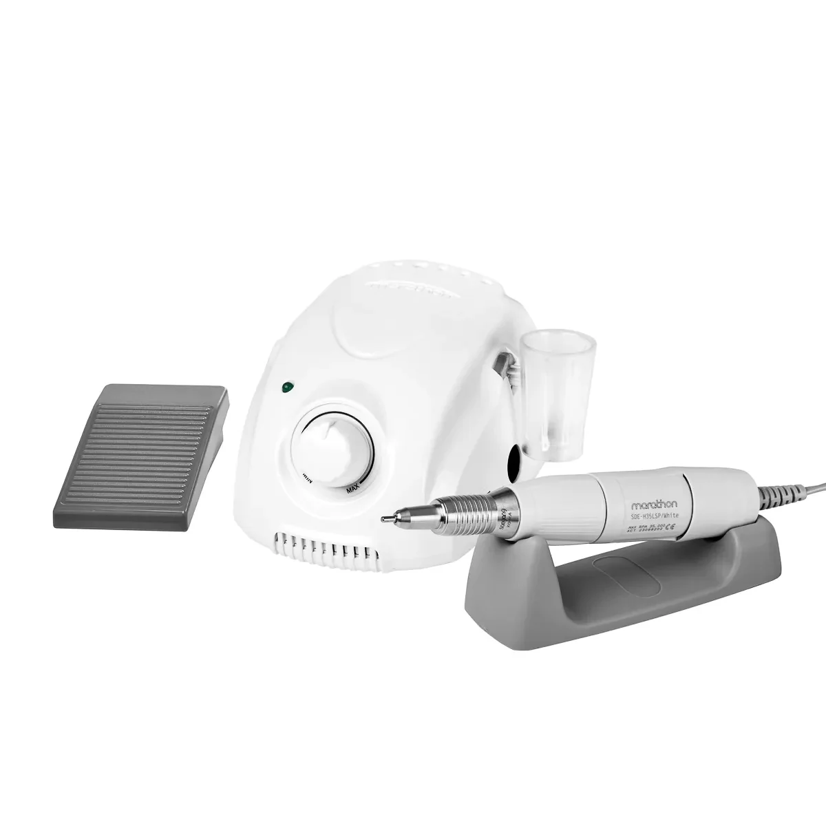 Kit complet freza electrica profesionala BTMarathon 3 Champion format din unitatea centrala alba, mandrina metalica pe suport gri si pedala de picior, prezentate pe fundal alb.